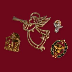 Vintage Angel Nativity Wreath Christmas Brooch Pin Set